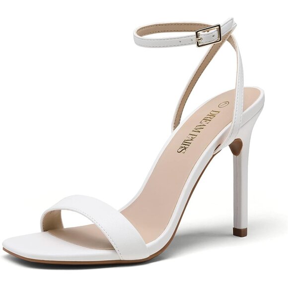 Women’s White High Stilettos Open Square Toe Ankle Strap Comfortable Sandal Heel